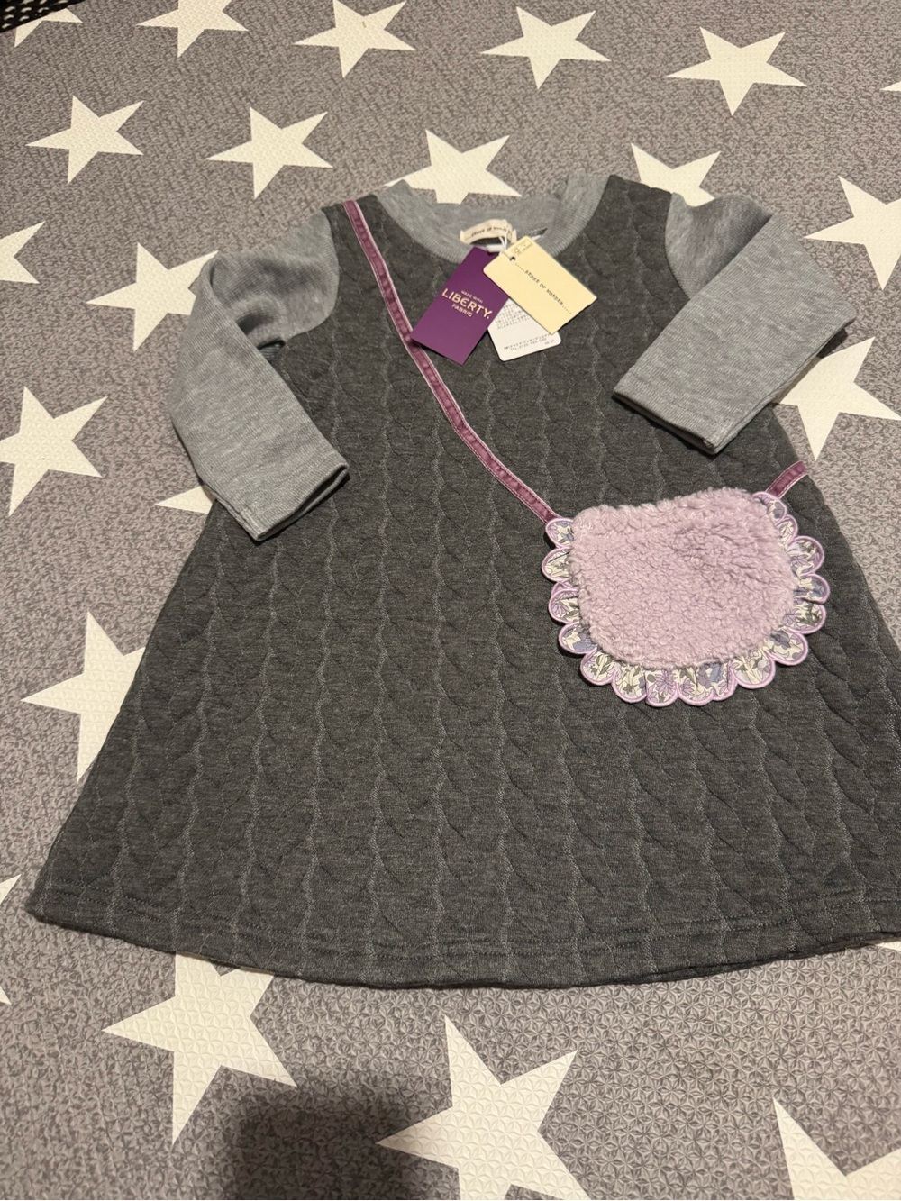 Liberty Gray Quilted Dress with Lilac Purse Detail